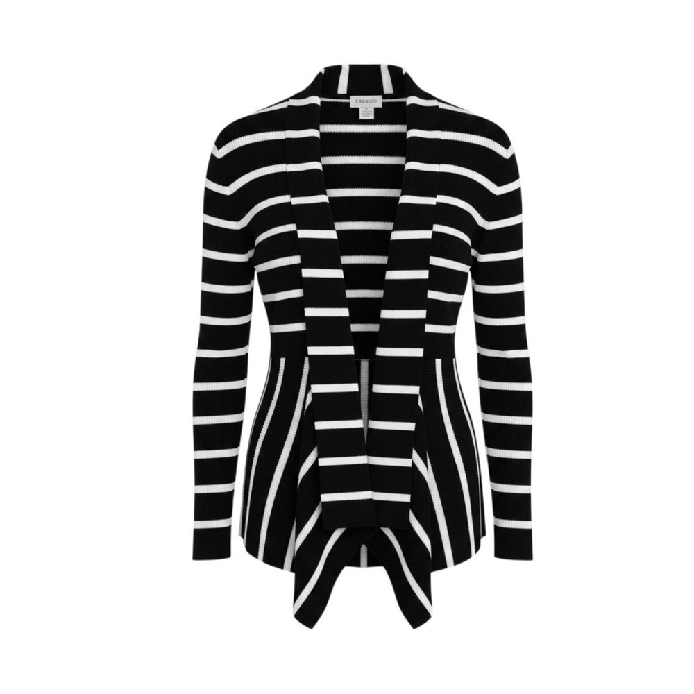 Carmen Marc Black White Striped Ribbed Open Front Peplum Cardigan Sweater M